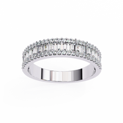Angled view of 1.00ct baguette lab diamond wedding band in white gold showing channel setting and band detail.