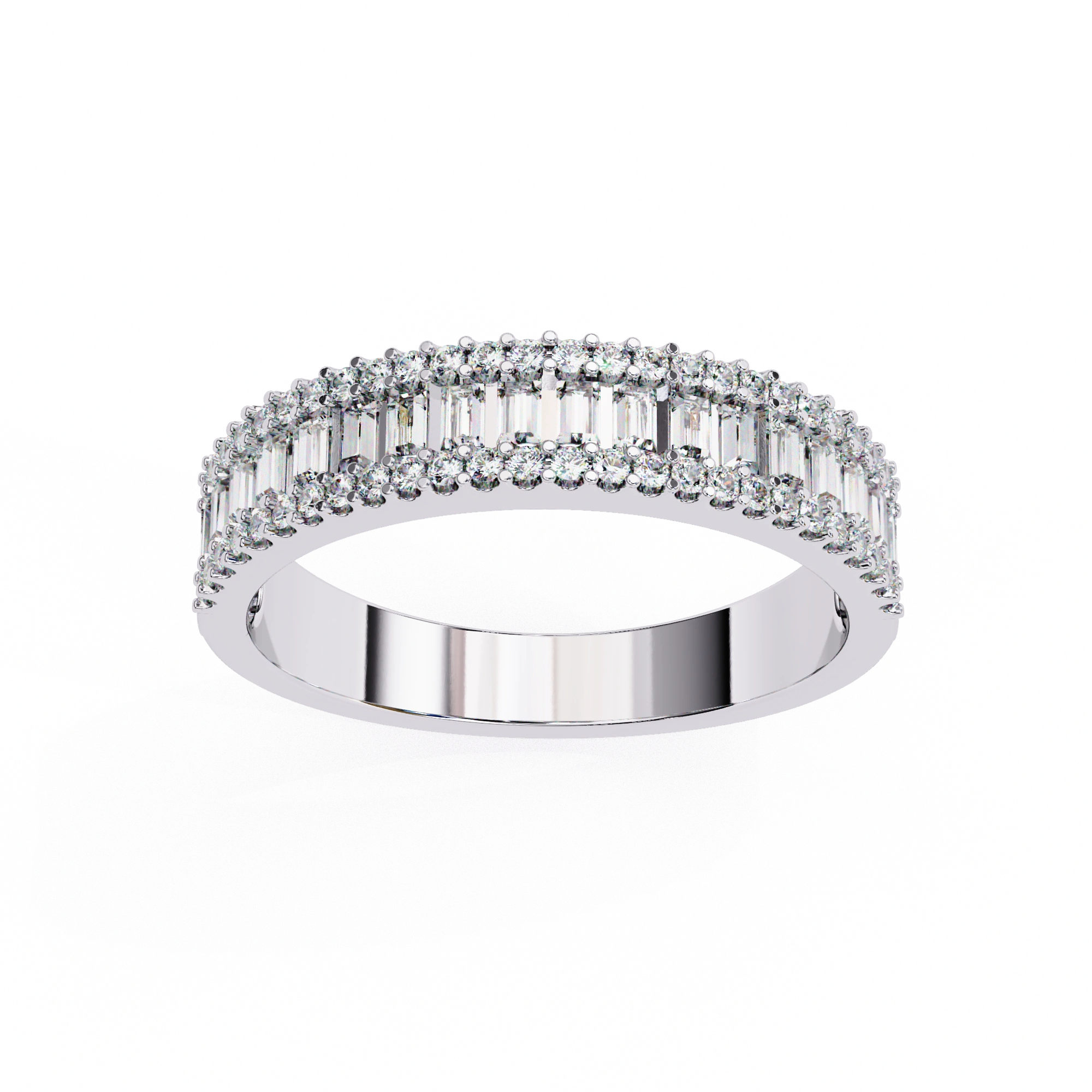Angled view of 1.00ct baguette lab diamond wedding band in white gold showing channel setting and band detail.