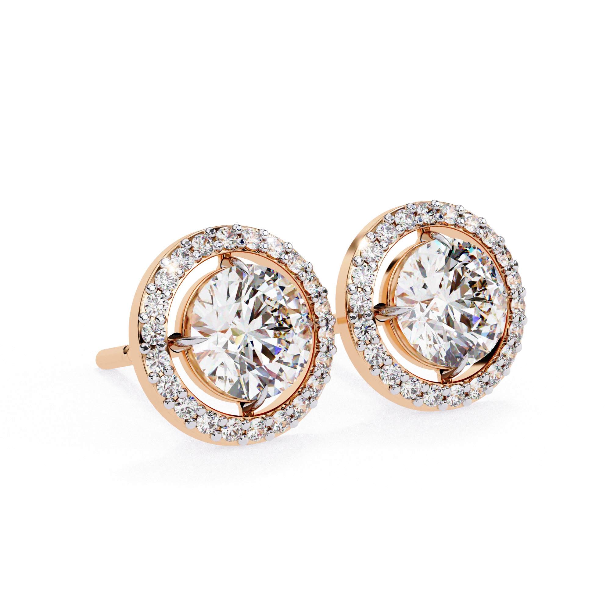 2 Carat Halo Set Diamond Stud Earrings in Platinum with Gold Option