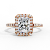 Radiant Shaped Synthetic Diamond Halo Engagement Ring 18K Rose Gold Lab Diamond Engagement Rings