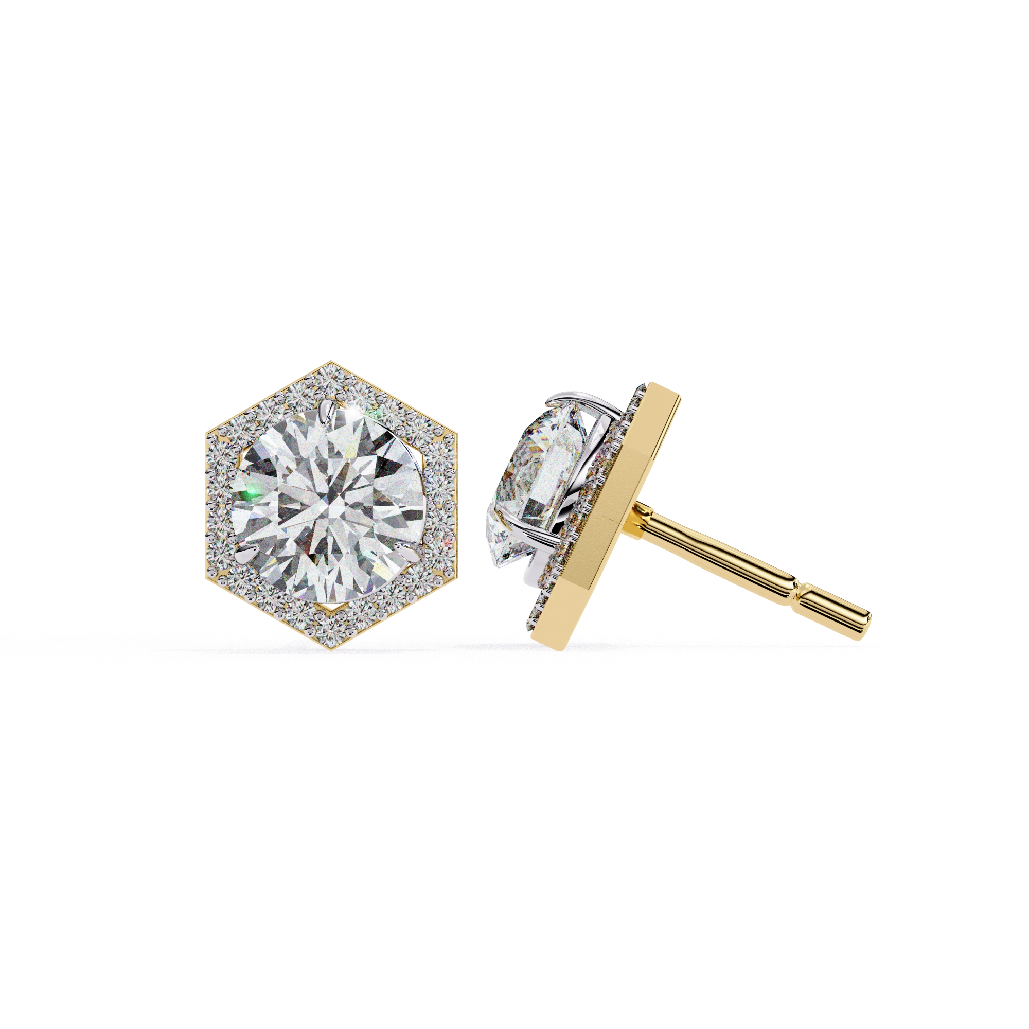 2.1 Carat Round Diamond Earrings Hexagon Halo Design