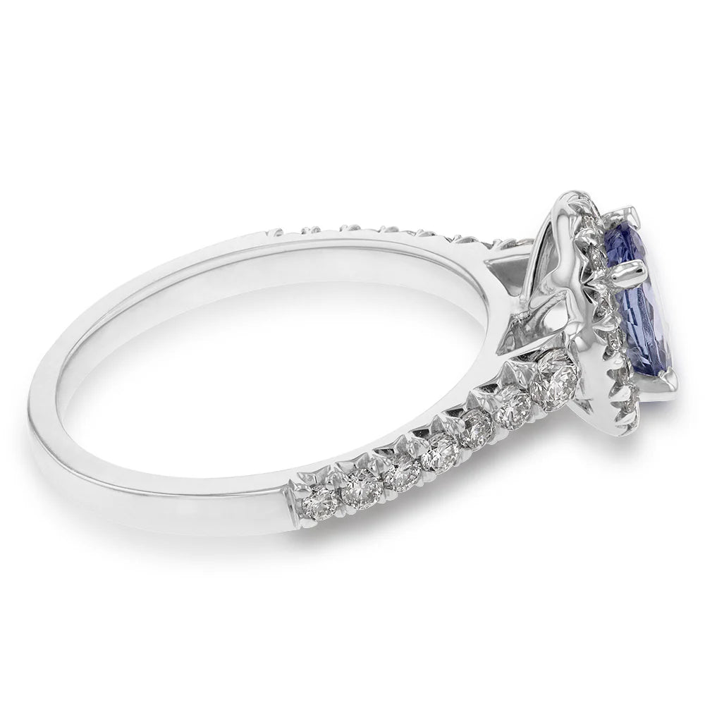 2.30 Carat Oval Tanzanite Gemstone 4 Prong Setting Halo Ring