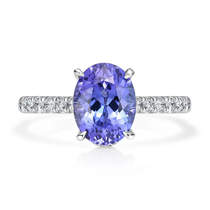 2.30 Ct Oval Tanzanite Gemstone 4 Prong Setting Hidden Halo Ring