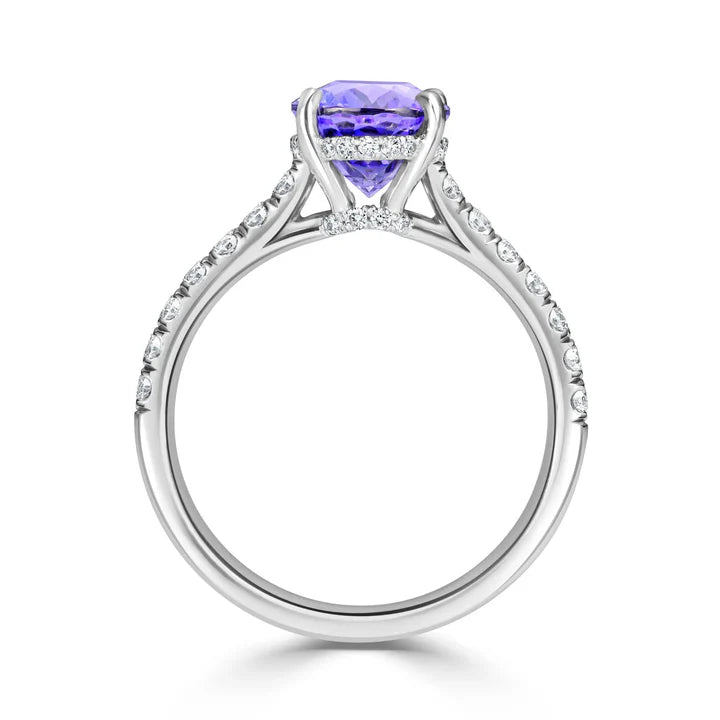 2.30 Ct Oval Tanzanite Gemstone 4 Prong Setting Hidden Halo Ring