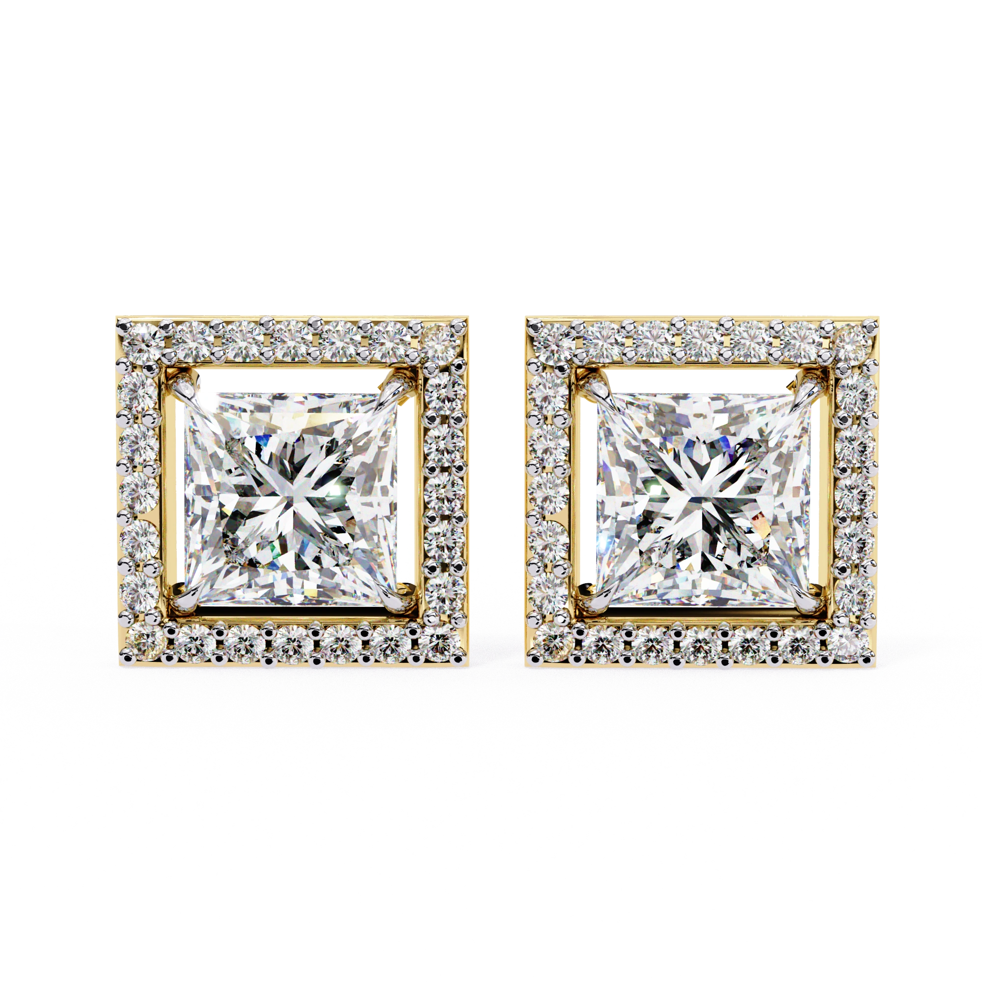 2.46 Carat Princess Cut Diamond Stud Earrings with Square Halo Design in Gold and Platinum Lab Diamond