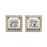 2.46 Carat Princess Cut Diamond Stud Earrings with Square Halo Design in Gold and Platinum