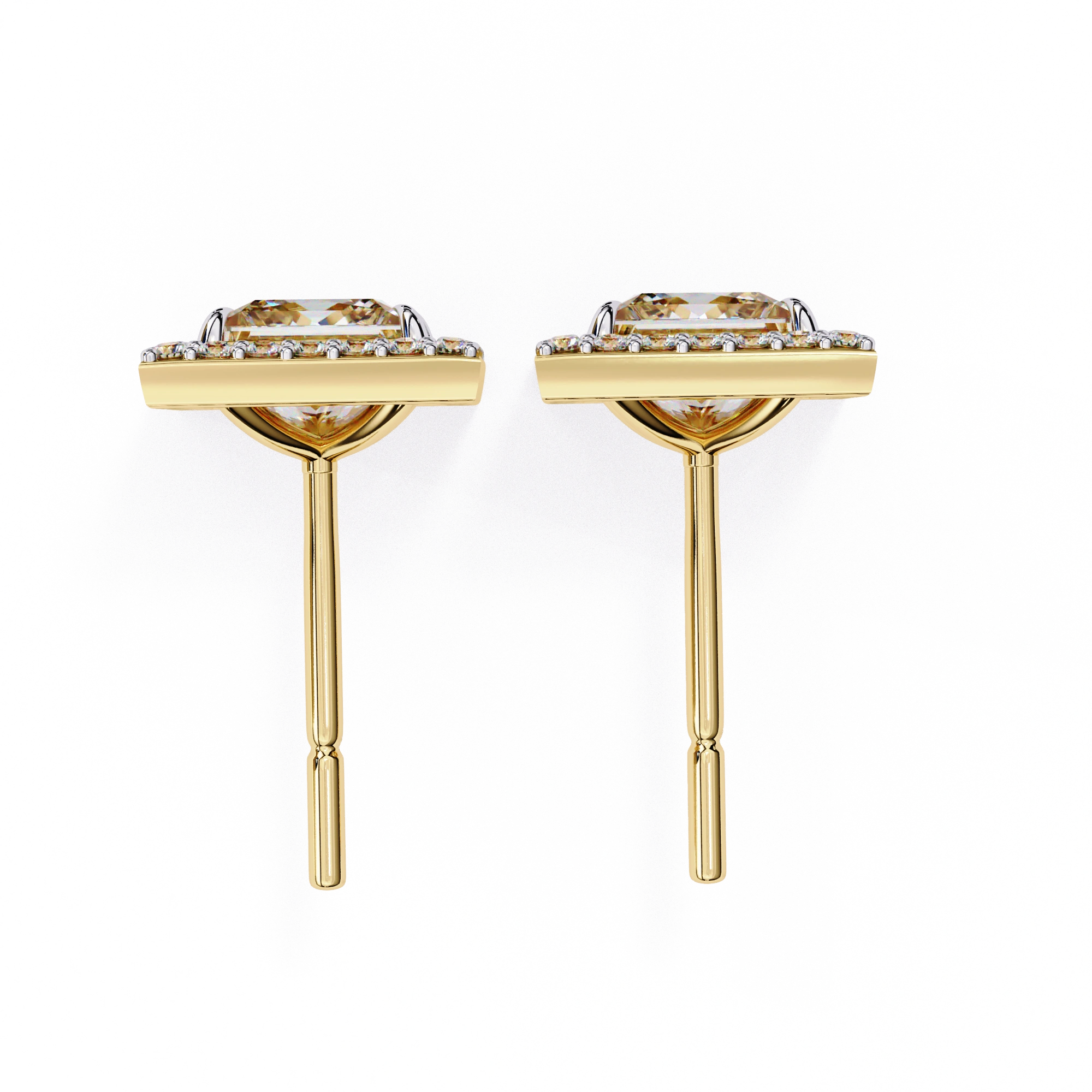 2.46 Carat Princess Cut Diamond Stud Earrings with Square Halo Design in Gold and Platinum