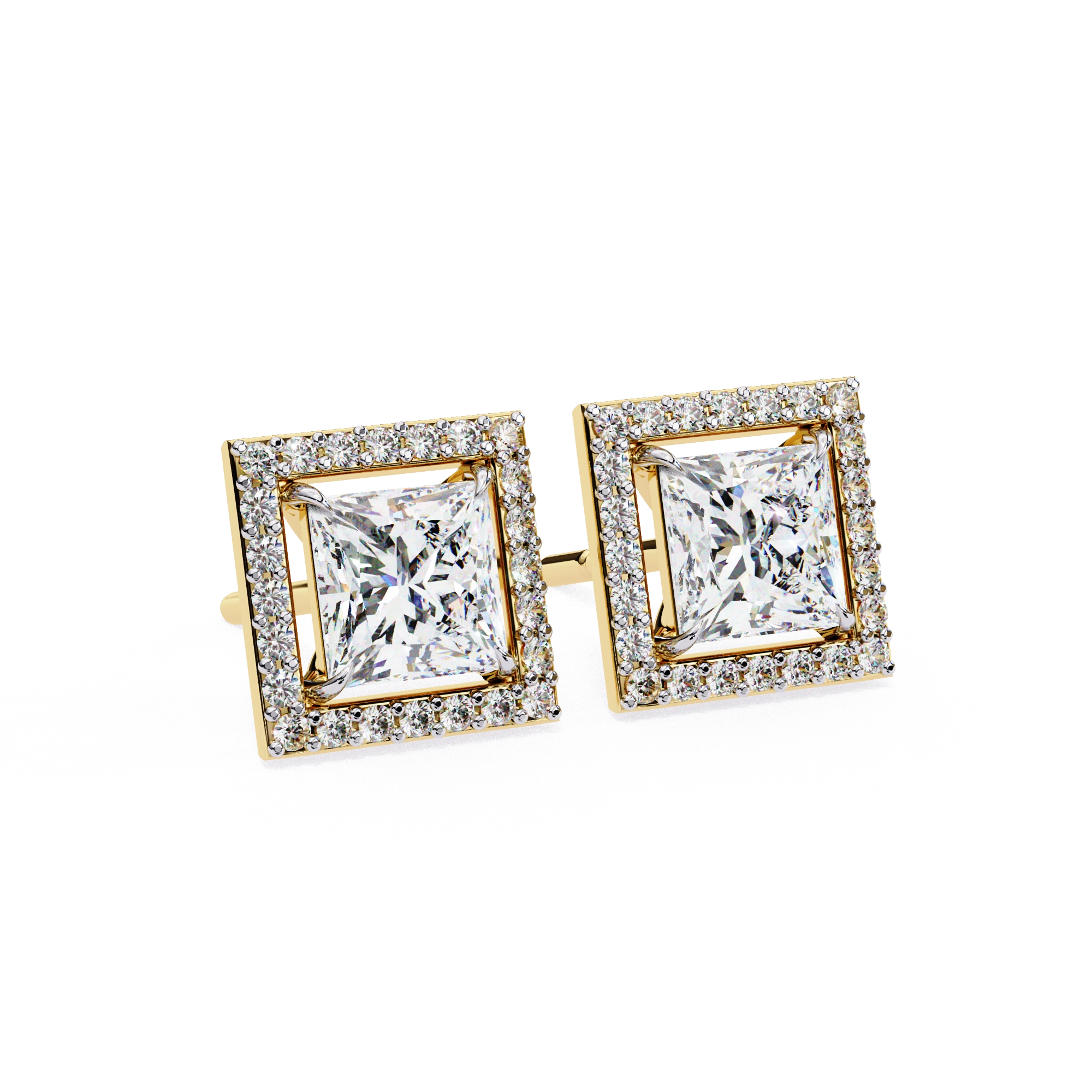 2.46 Carat Princess Cut Diamond Stud Earrings with Square Halo Design in Gold and Platinum