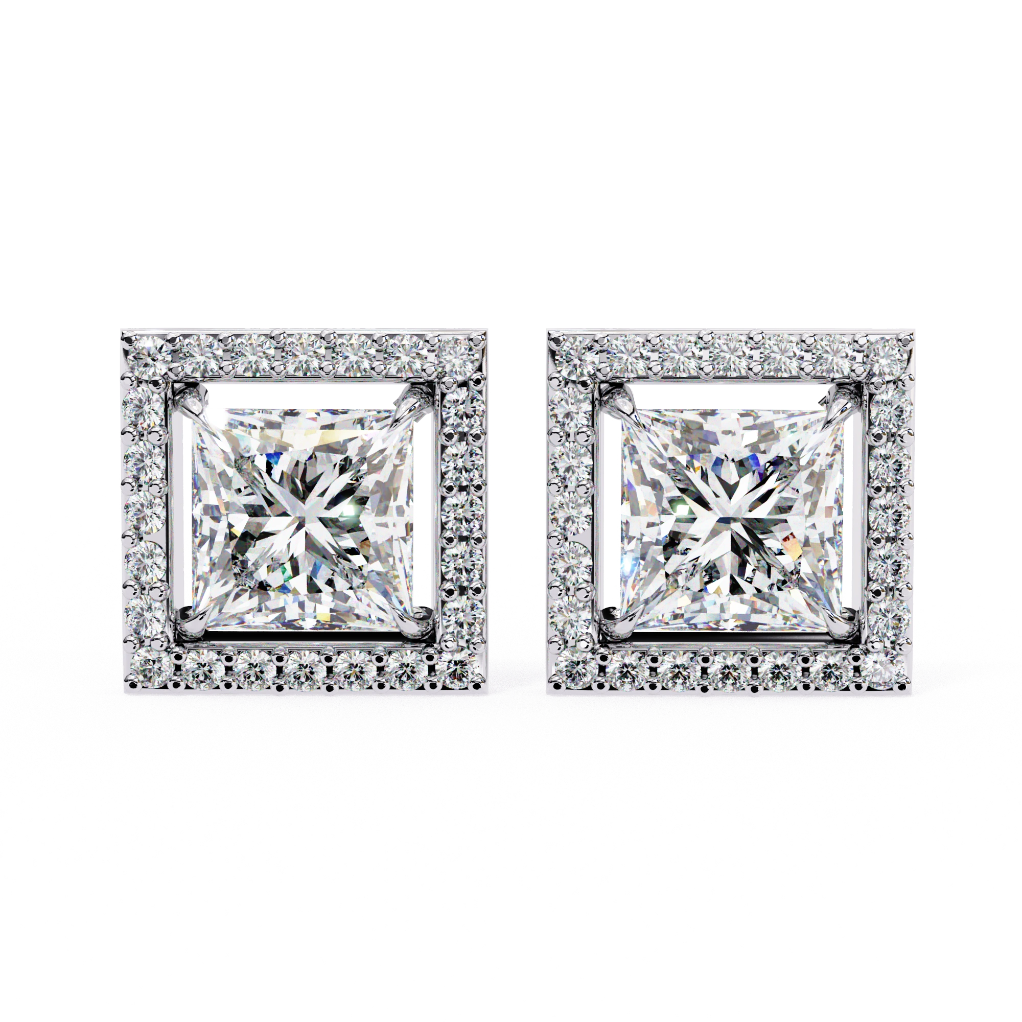 2.46 Carat Princess Cut Diamond Stud Earrings with Square Halo Design in Gold and Platinum Lab Diamond
