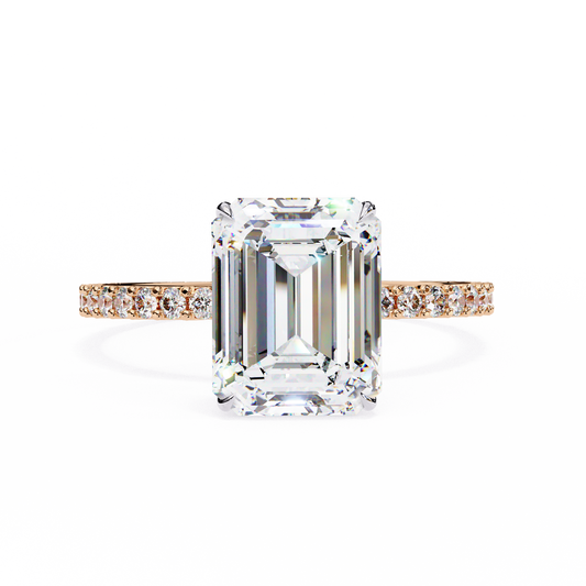 2.60 Carat Emerald Cut Hidden Halo Lab Diamond Engagement Ring In Rose Gold