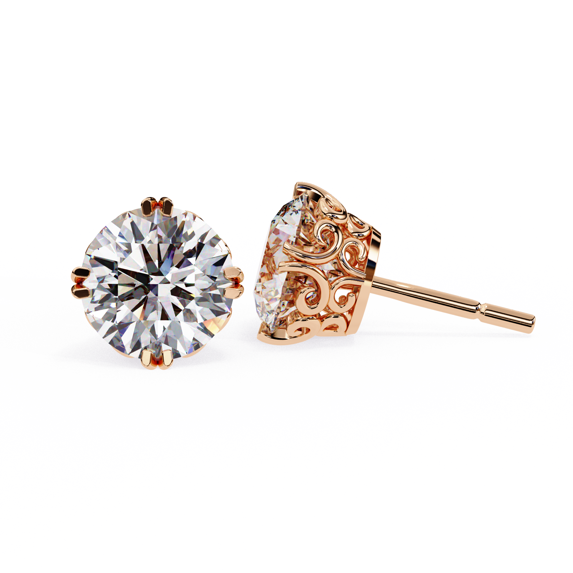 Filigree Lab Grown Diamond Stud Earrings 18K Rose Gold
