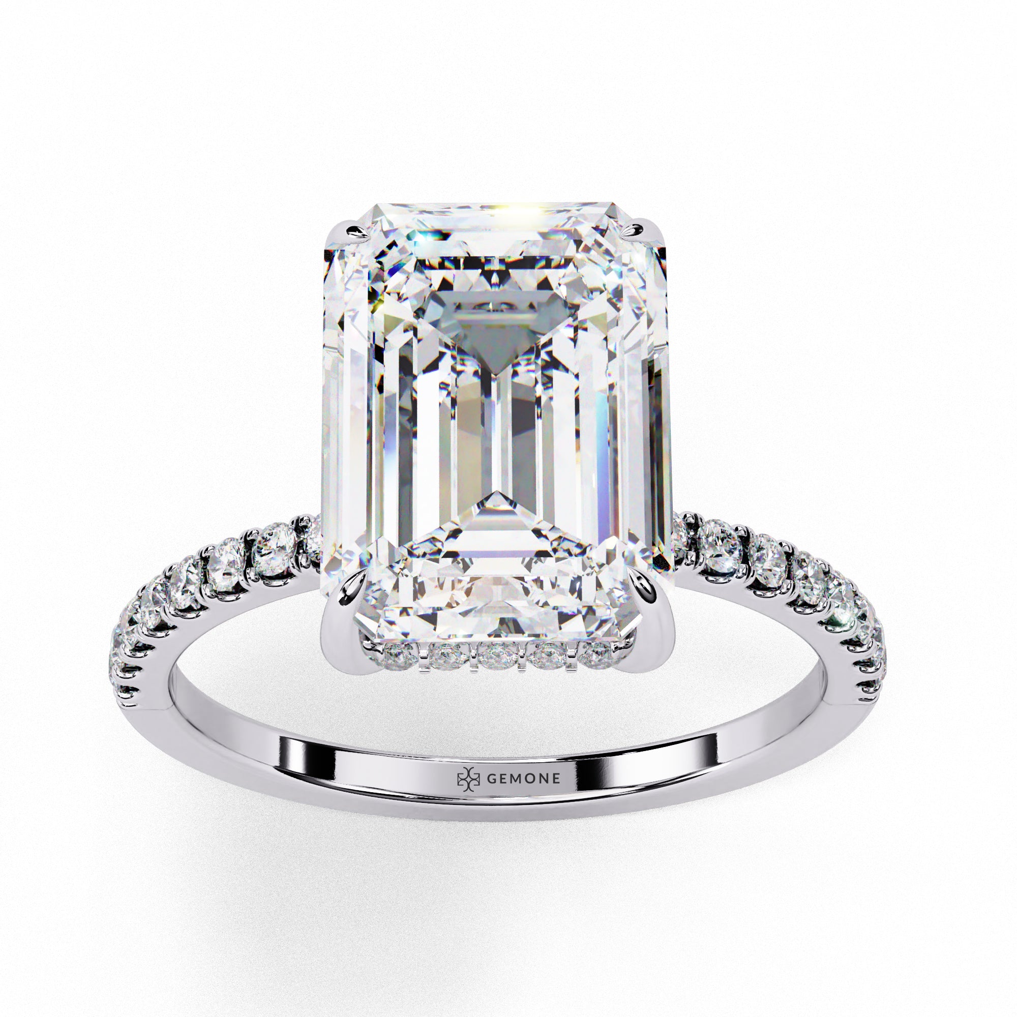 Emerald Cut Synthetic Diamond Hidden Halo Engagement Ring Lab Diamond Engagement Rings