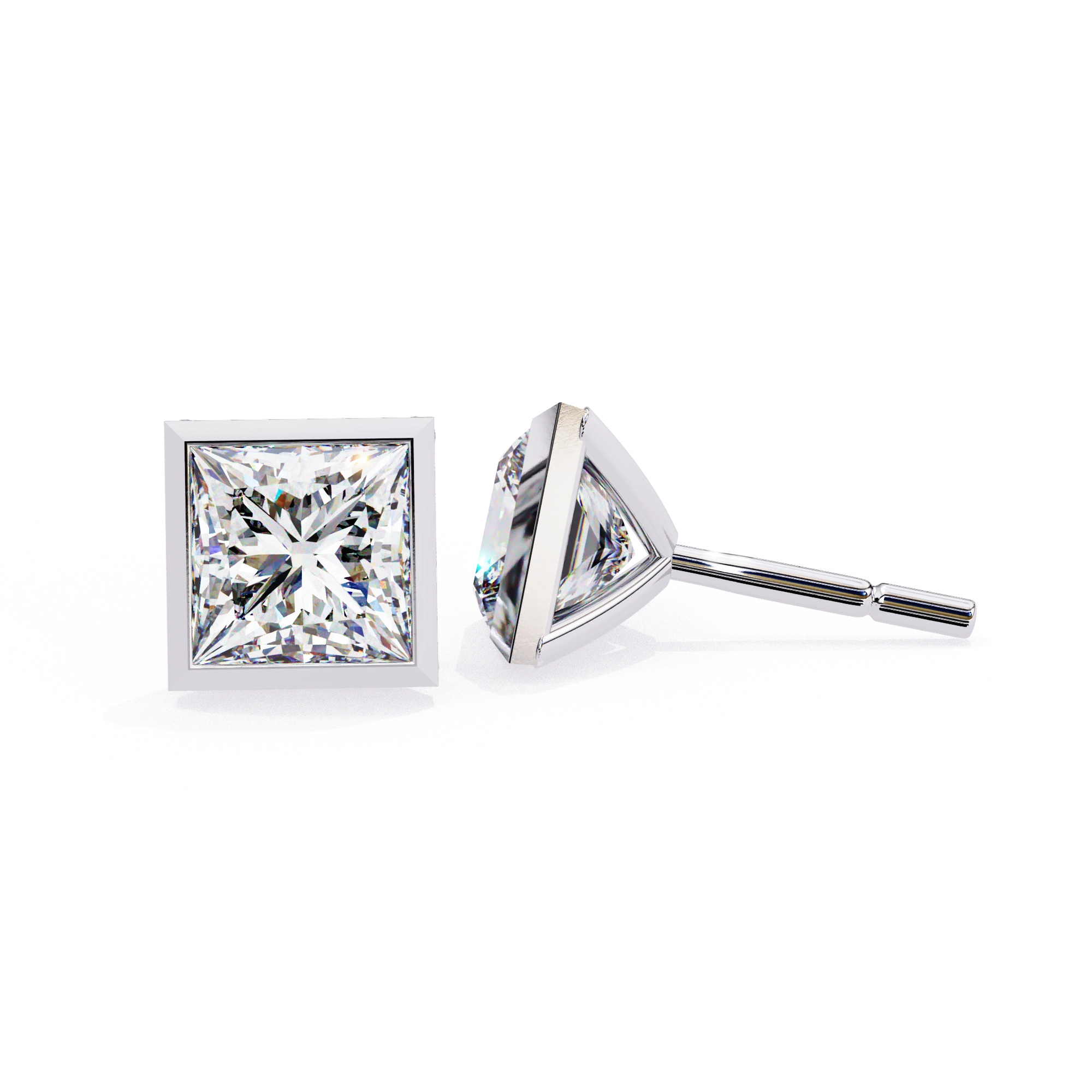 2 Carat Square Diamond Earrings Studs With Flat Back Setting