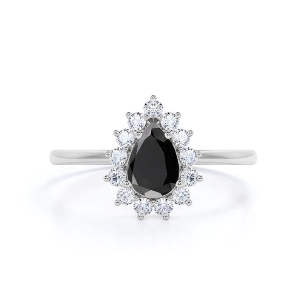 2 Ct Pear Cut Black Diamond Round Halo Diamond Engagement Ring Black Diamond Engagement Ring