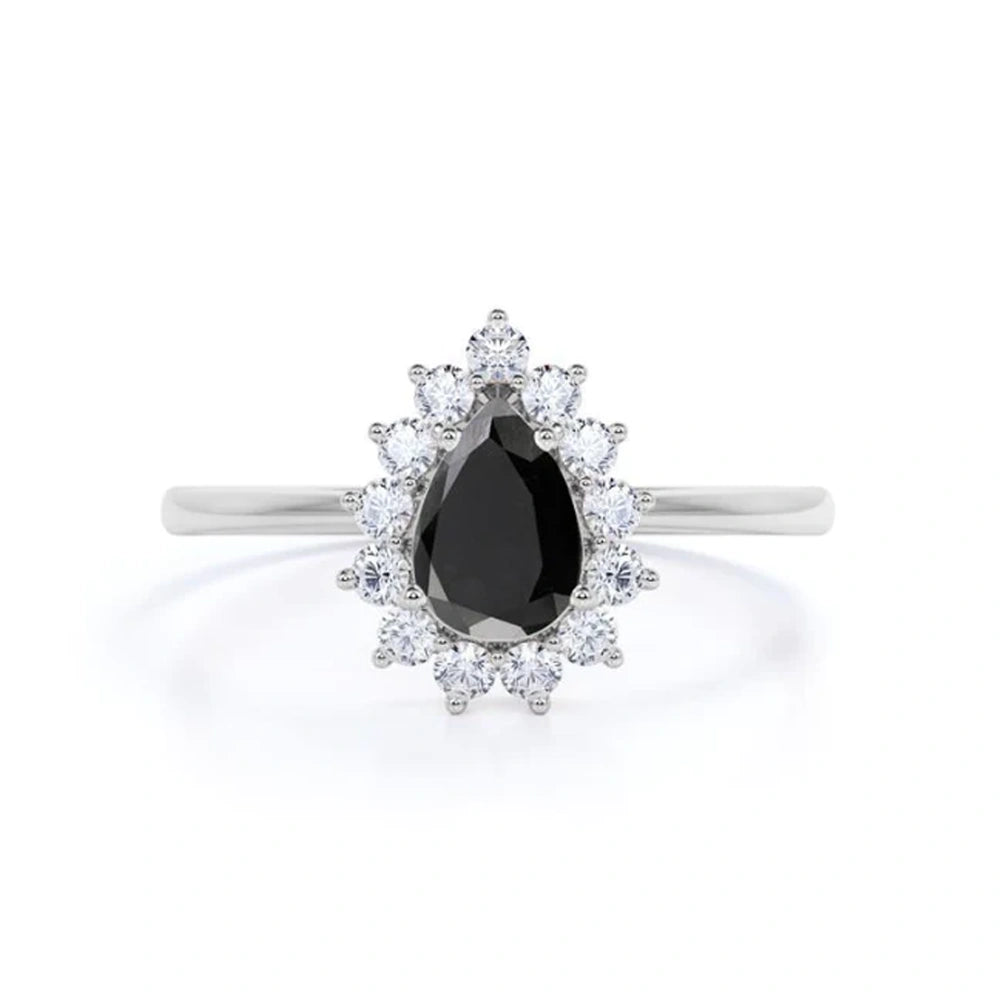 2 Ct Pear Cut Black Diamond Round Halo Diamond Engagement Ring Black Diamond Ring