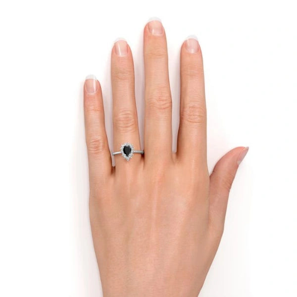 2 Ct Pear Cut Black Diamond Round Halo Diamond Engagement Ring Black Diamond Engagement Ring