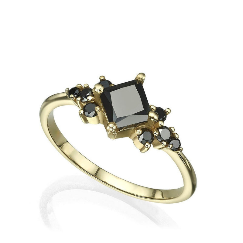 2 Ct Princess Cut Prong Set Black Diamond Engagement Ring 18K Yellow Gold Black Diamond Engagement Ring