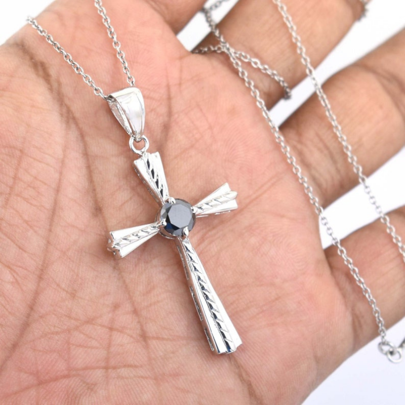 1.01 Ct Solitaire Prong Setting Black Diamond Cross Pendant