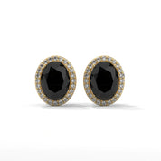 3.04 Carat Oval Cut Diamond Black Diamond Halo Stud Earrings 18K Yellow Gold