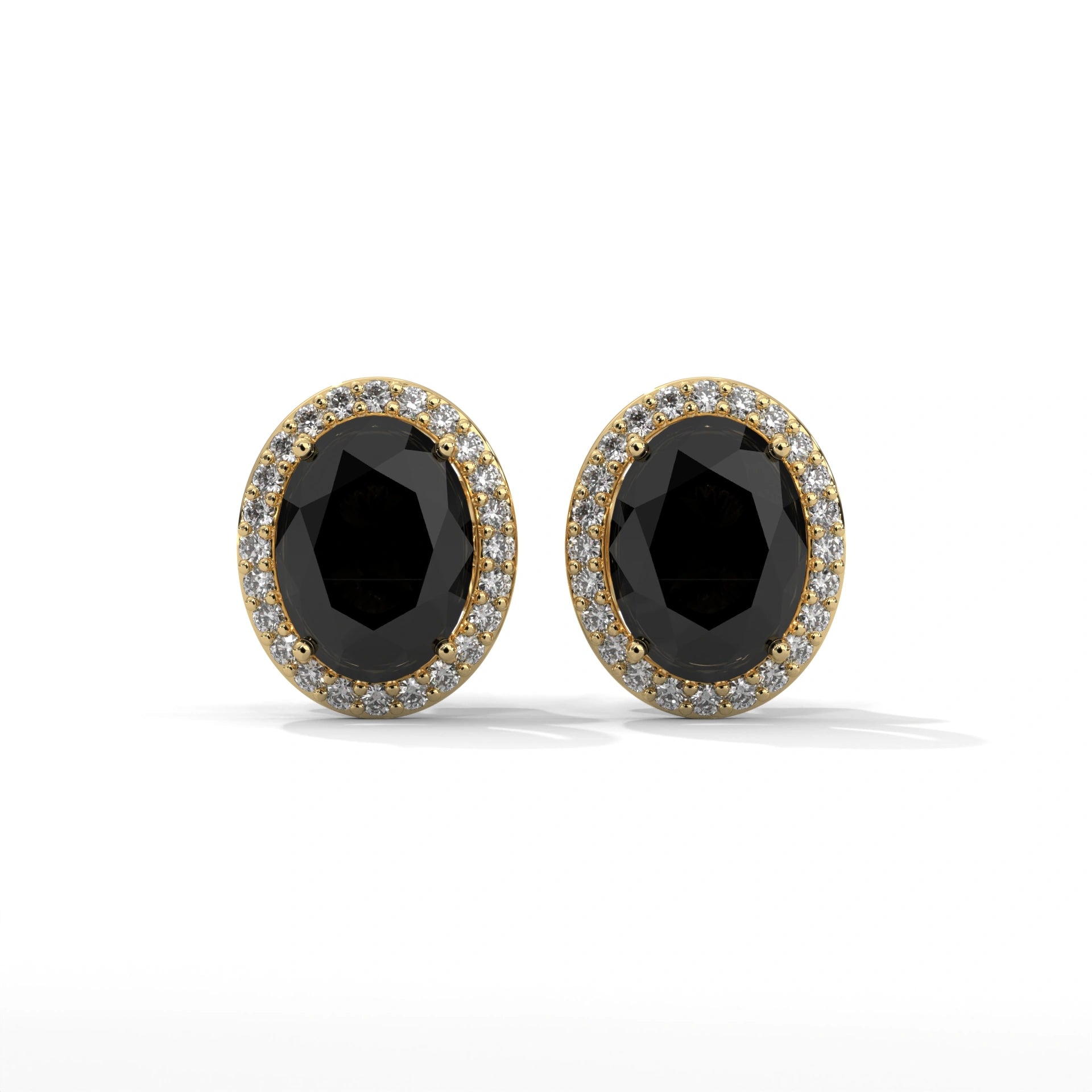 3.04 Carat Oval Cut Diamond Black Diamond Halo Stud Earrings 18K Yellow Gold