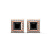 3.09 Carat Princess Cut Black Diamond Halo Stud Earrings Screw Back 18K Rose Gold