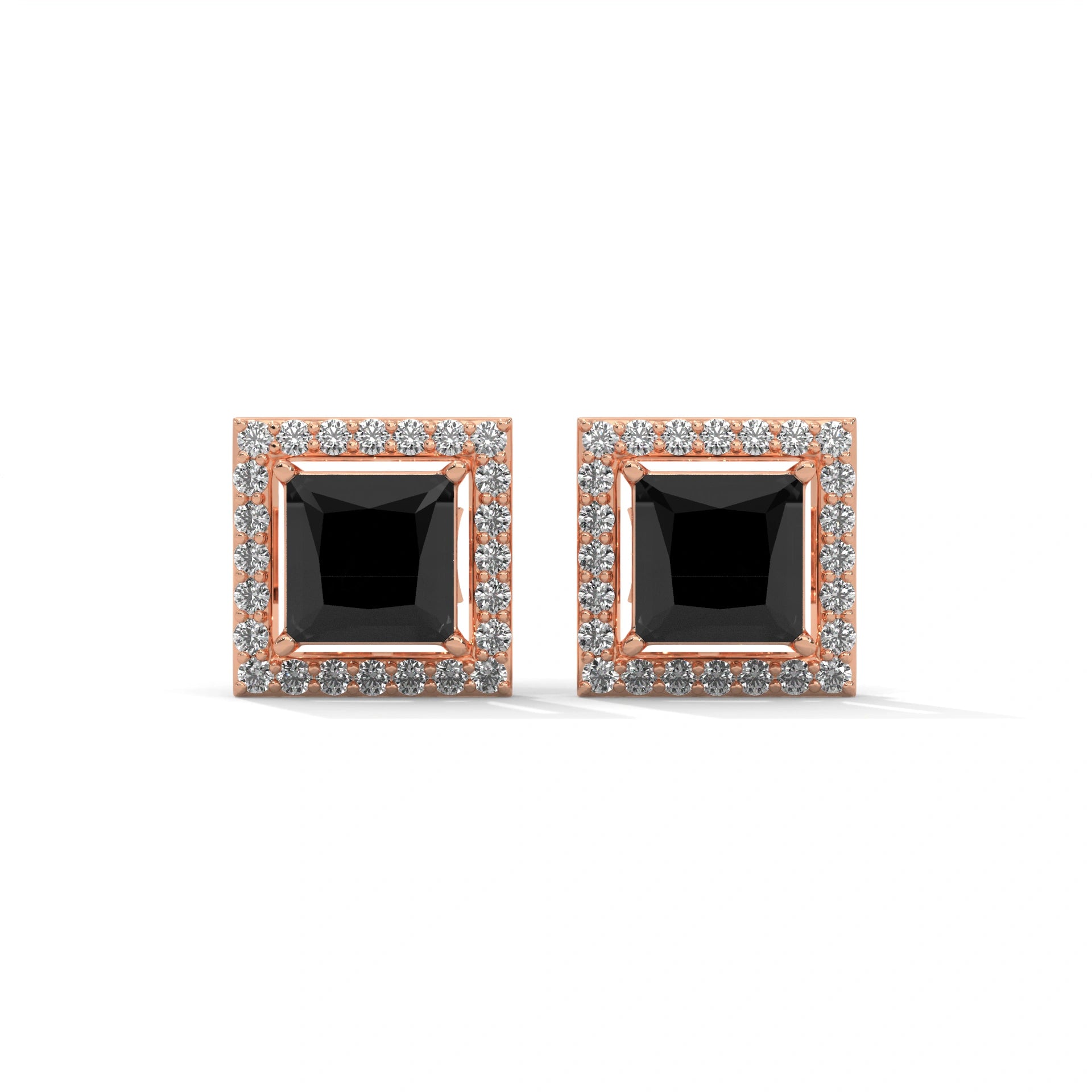 3.09 Carat Princess Cut Black Diamond Halo Stud Earrings Screw Back 18K Rose Gold