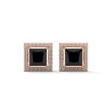 3.09 Carat Princess Cut Black Diamond Halo Stud Earrings Screw Back
