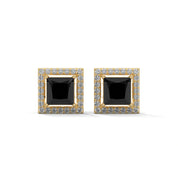 3.09 Carat Princess Cut Black Diamond Halo Stud Earrings Screw Back 18K Yellow Gold