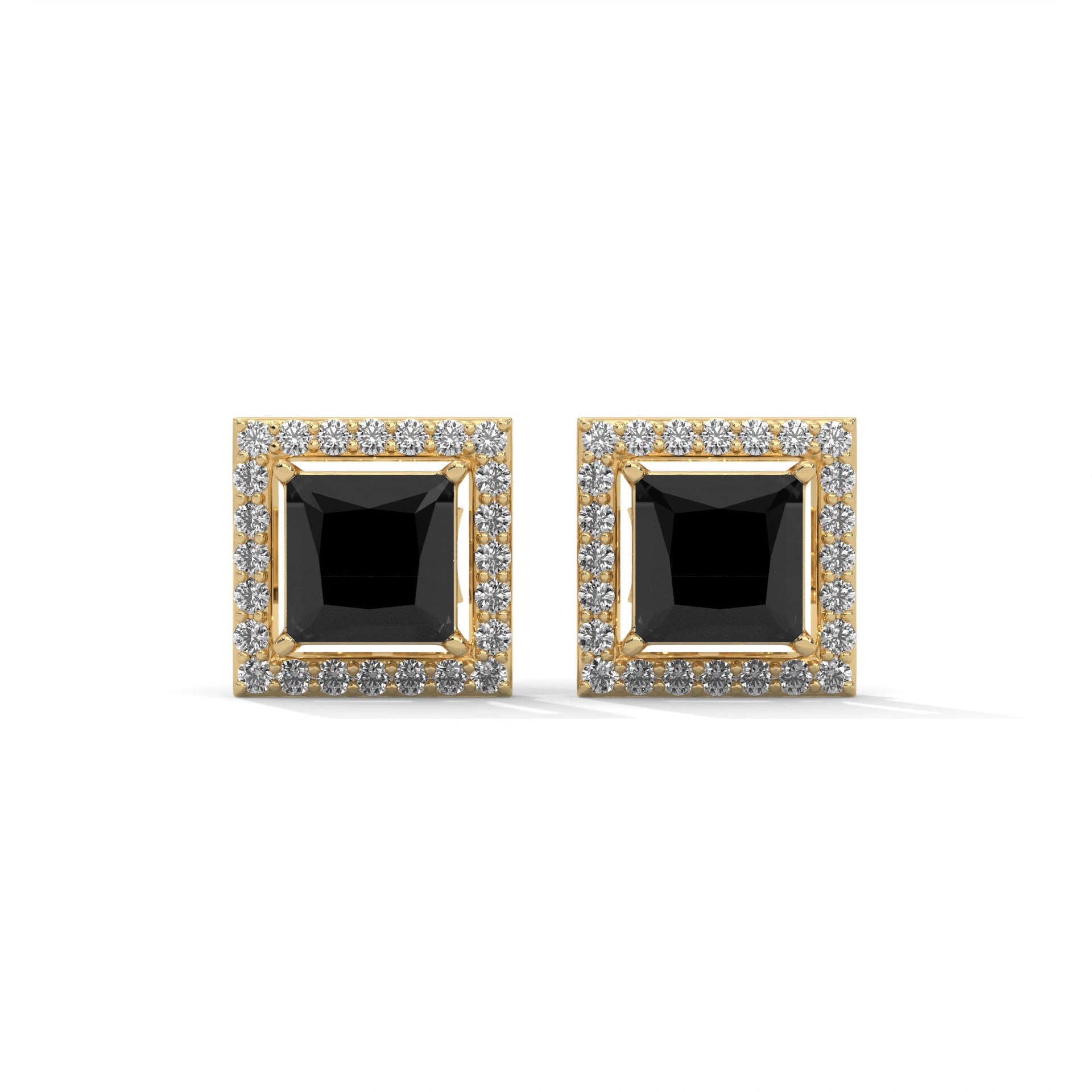 3.09 Carat Princess Cut Black Diamond Halo Stud Earrings Screw Back 18K Yellow Gold