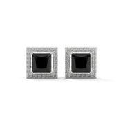 3.09 Carat Princess Cut Black Diamond Halo Stud Earrings Screw Back