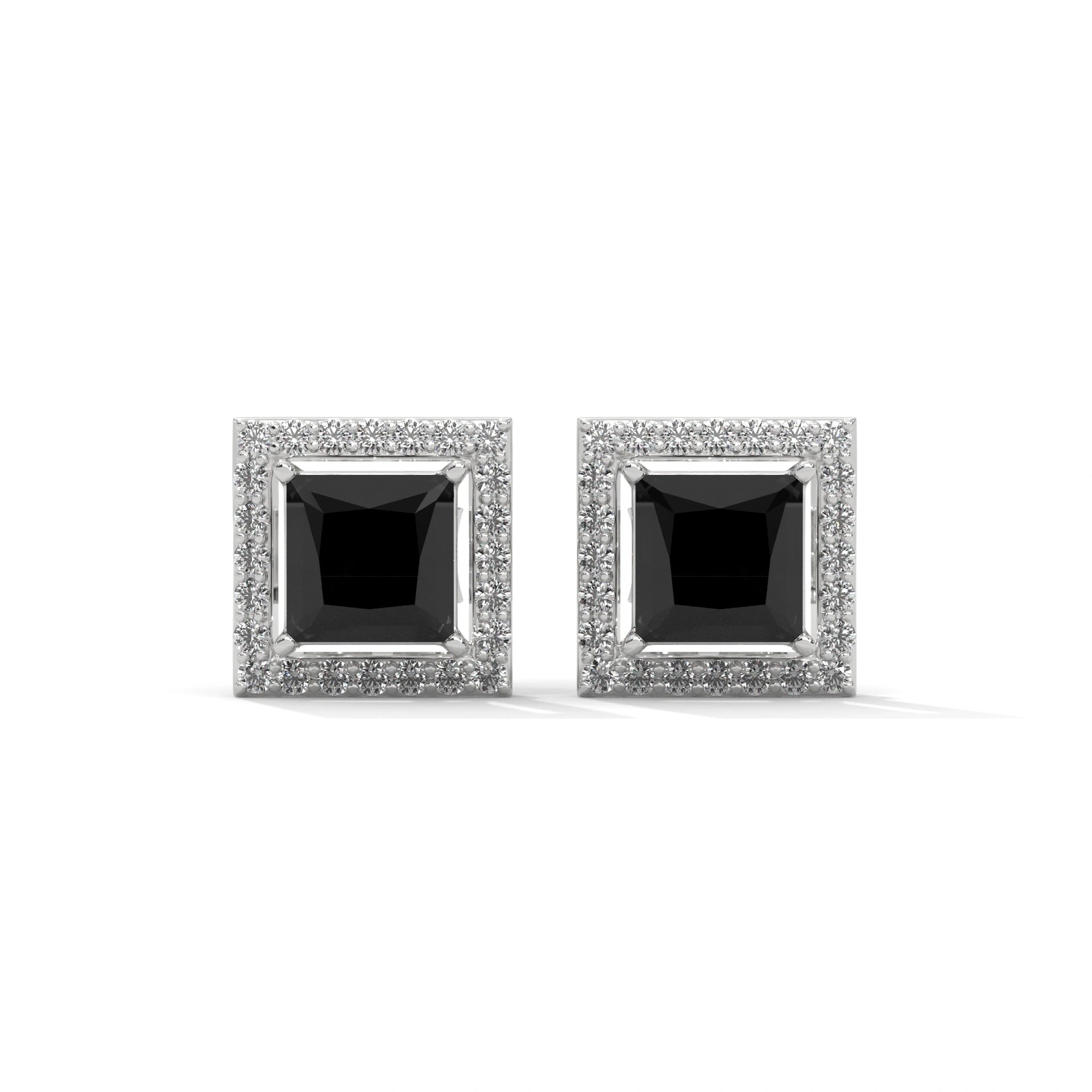 3.09 Carat Princess Cut Black Diamond Halo Stud Earrings Screw Back