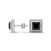 3.09 Carat Princess Cut Black Diamond Halo Stud Earrings Screw Back