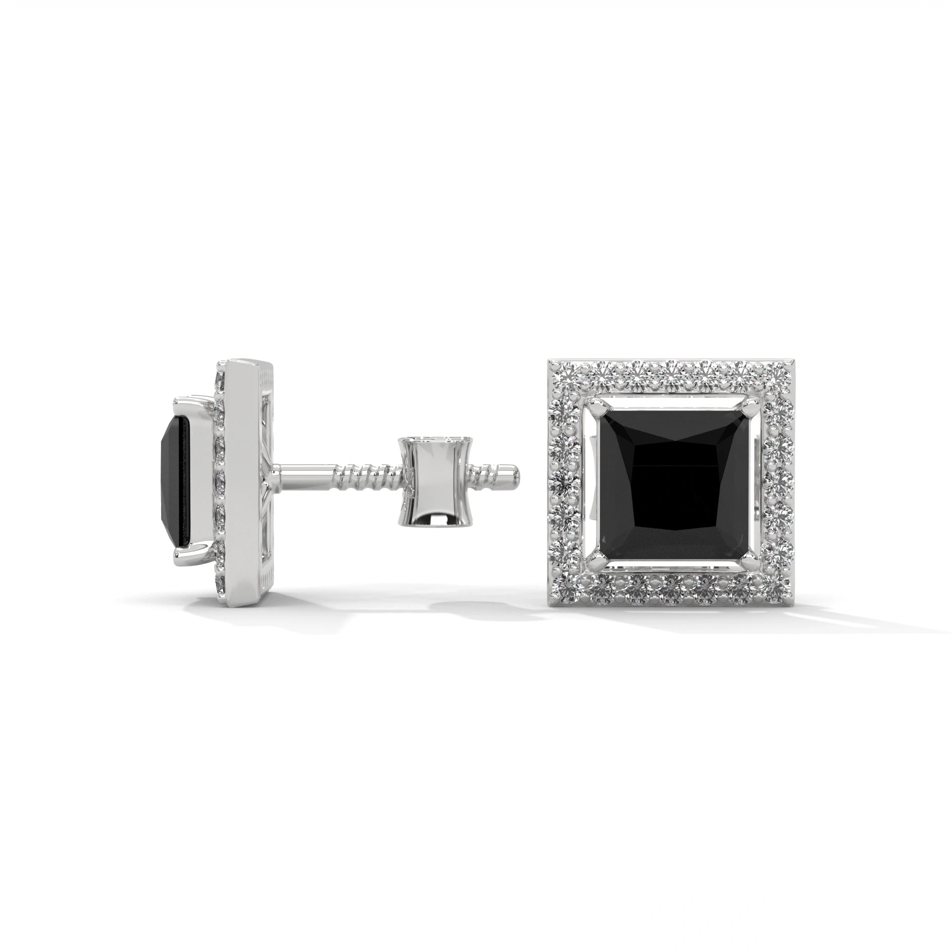 3.09 Carat Princess Cut Black Diamond Halo Stud Earrings Screw Back
