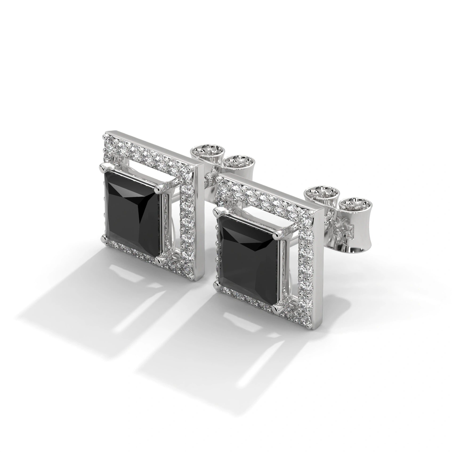 3.09 Carat Princess Cut Black Diamond Halo Stud Earrings Screw Back