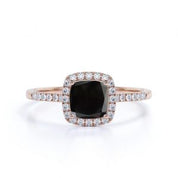 3.20 Carat Cushion Black Diamond Halo Engagement Rings 18K Rose Gold Black Diamond Engagement Ring