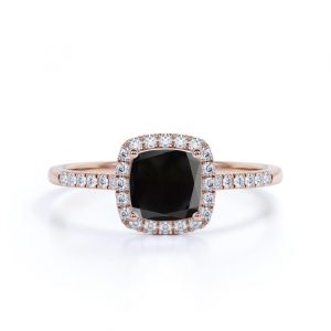 3.20 Carat Cushion Black Diamond Halo Engagement Rings 18K Rose Gold Black Diamond Engagement Ring