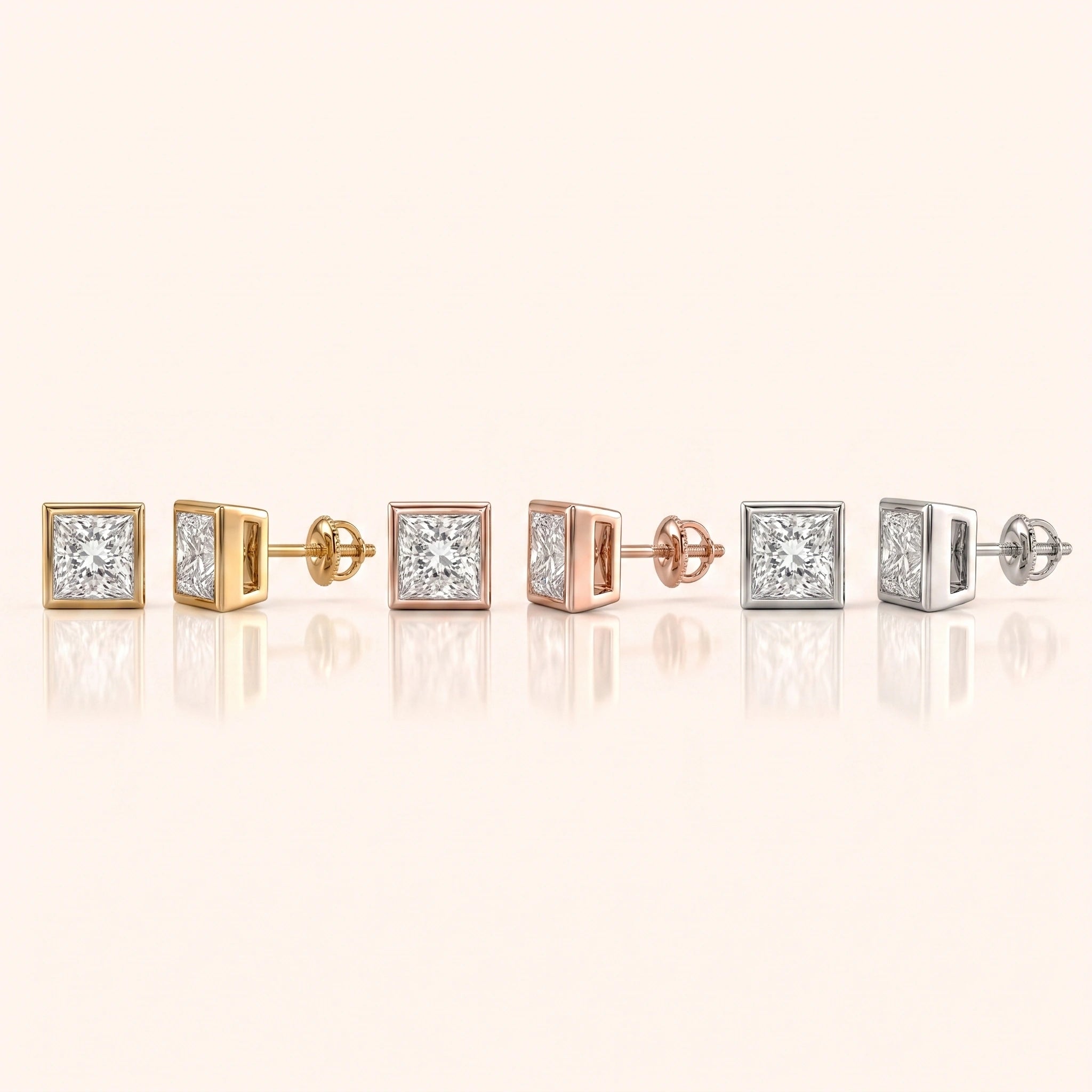 Princess Cut Diamond Earrings in Multiple Settings Bezel Setting