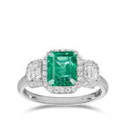 4 Carat Emerald Gemstone Halo Prong Setting Three Stone Ring in White Gold
