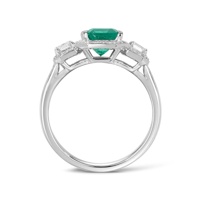 4 Carat Emerald Gemstone Halo Prong Setting Three Stone Ring in White Gold