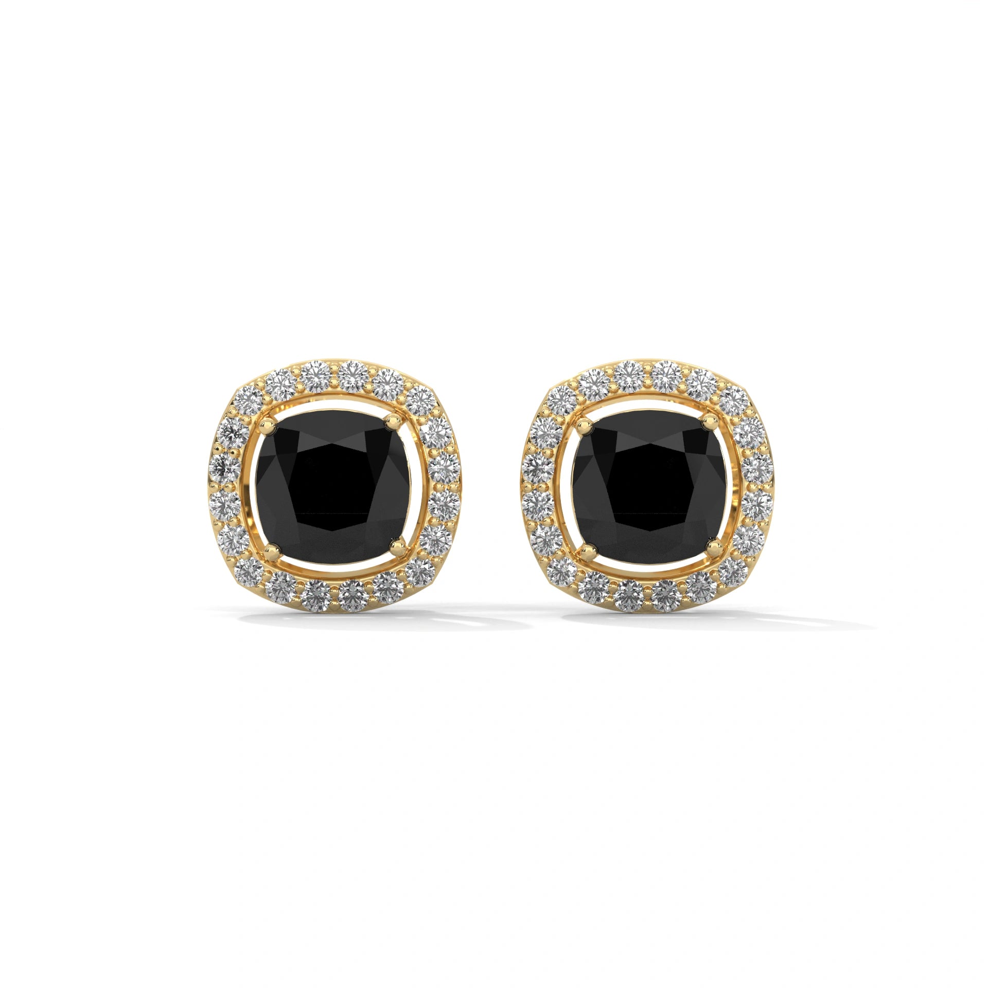 3.8 Ct Cushion Cut Diamond Halo Black Diamond Stud Earrings 18K Yellow Gold