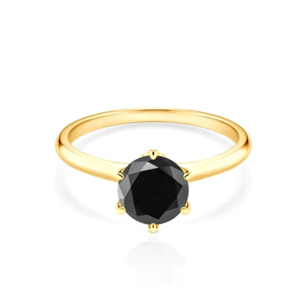 Black Diamond Solitaire Ring - 6 Prong Design 18K Yellow Gold