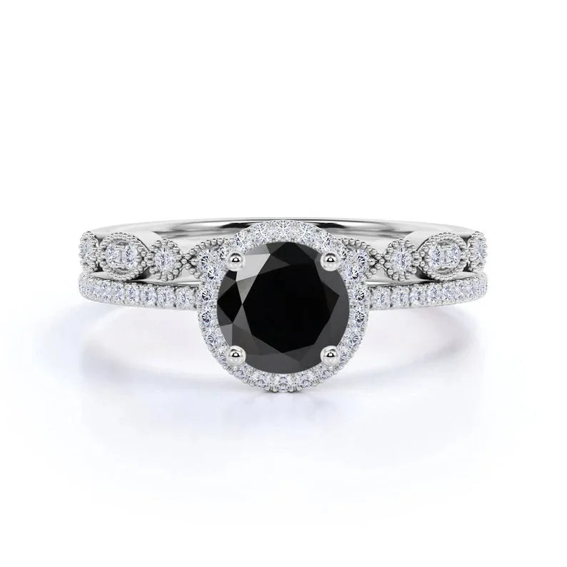 2.10 Carat Bridal Black Diamond Halo Diamond Ring 18K White Gold Black Diamond Ring