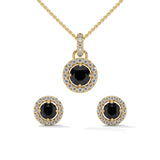 Round Cut Diamond Black Diamond Halo Pendant & Stud Earrings Set in White Gold