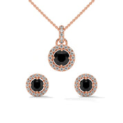 Round Cut Diamond Black Diamond Halo Pendant & Stud Earrings Set in White Gold 18K Rose Gold