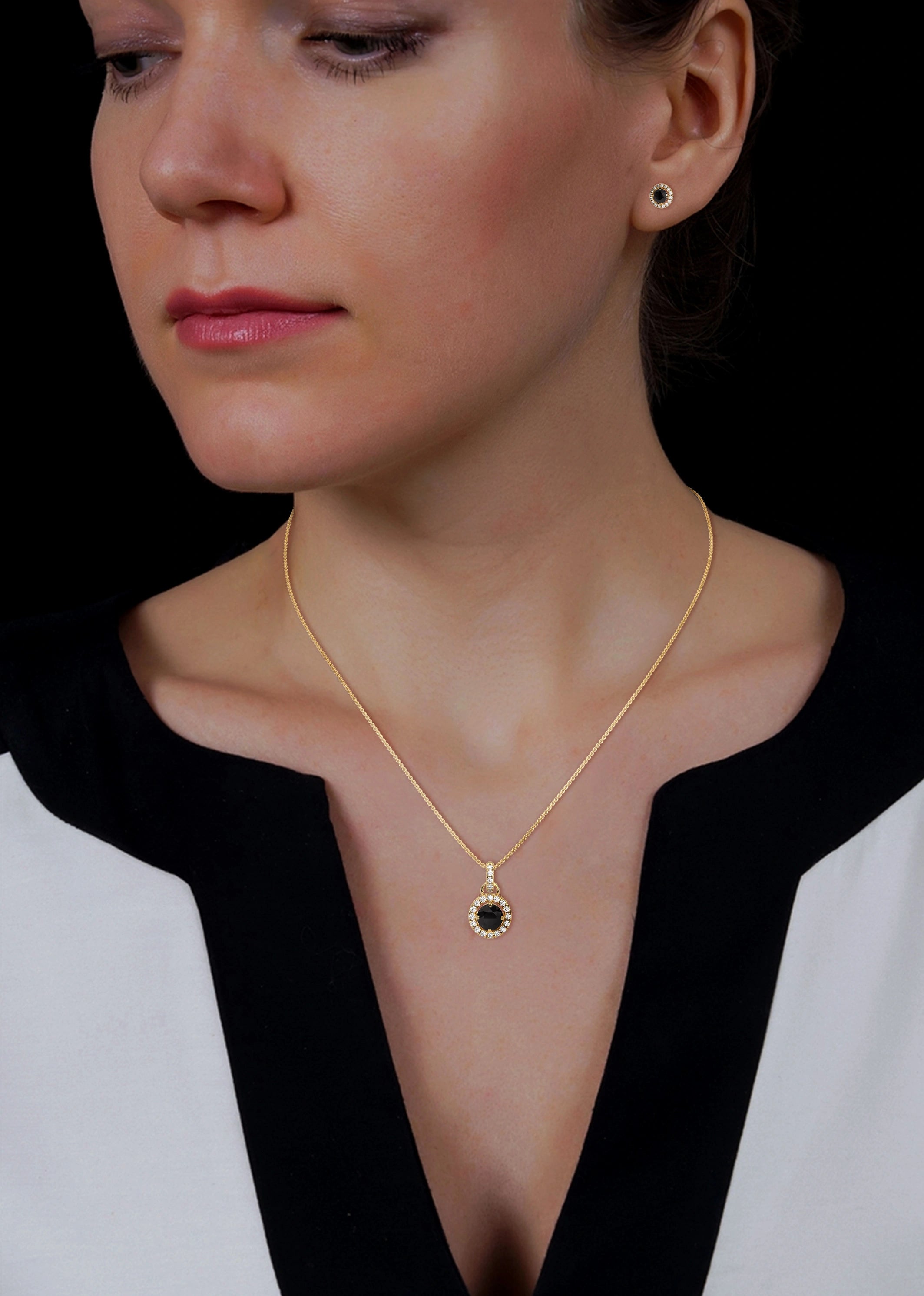 Round Cut Diamond Black Diamond Halo Pendant & Stud Earrings Set in White Gold