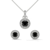 Round Cut Diamond Black Diamond Halo Pendant & Stud Earrings Set in White Gold