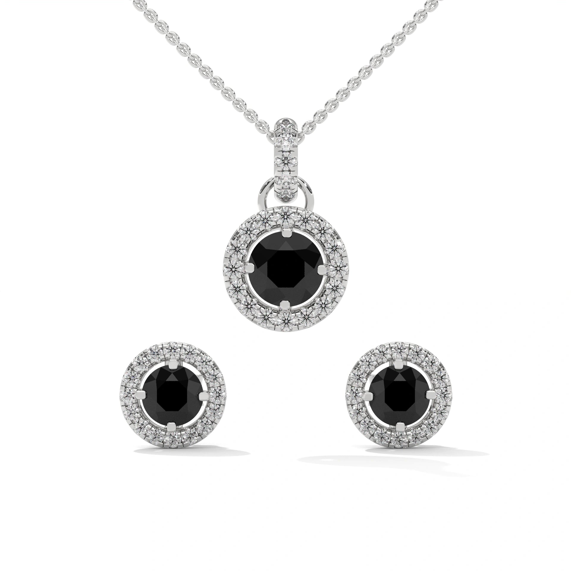 Round Cut Diamond Black Diamond Halo Pendant & Stud Earrings Set in White Gold