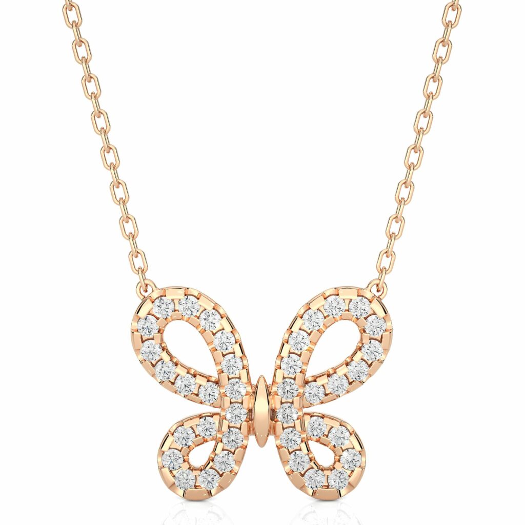 0.30 Carat Round Cut Prong Setting Butterfly Diamond Pendant In Yellow Gold Rose