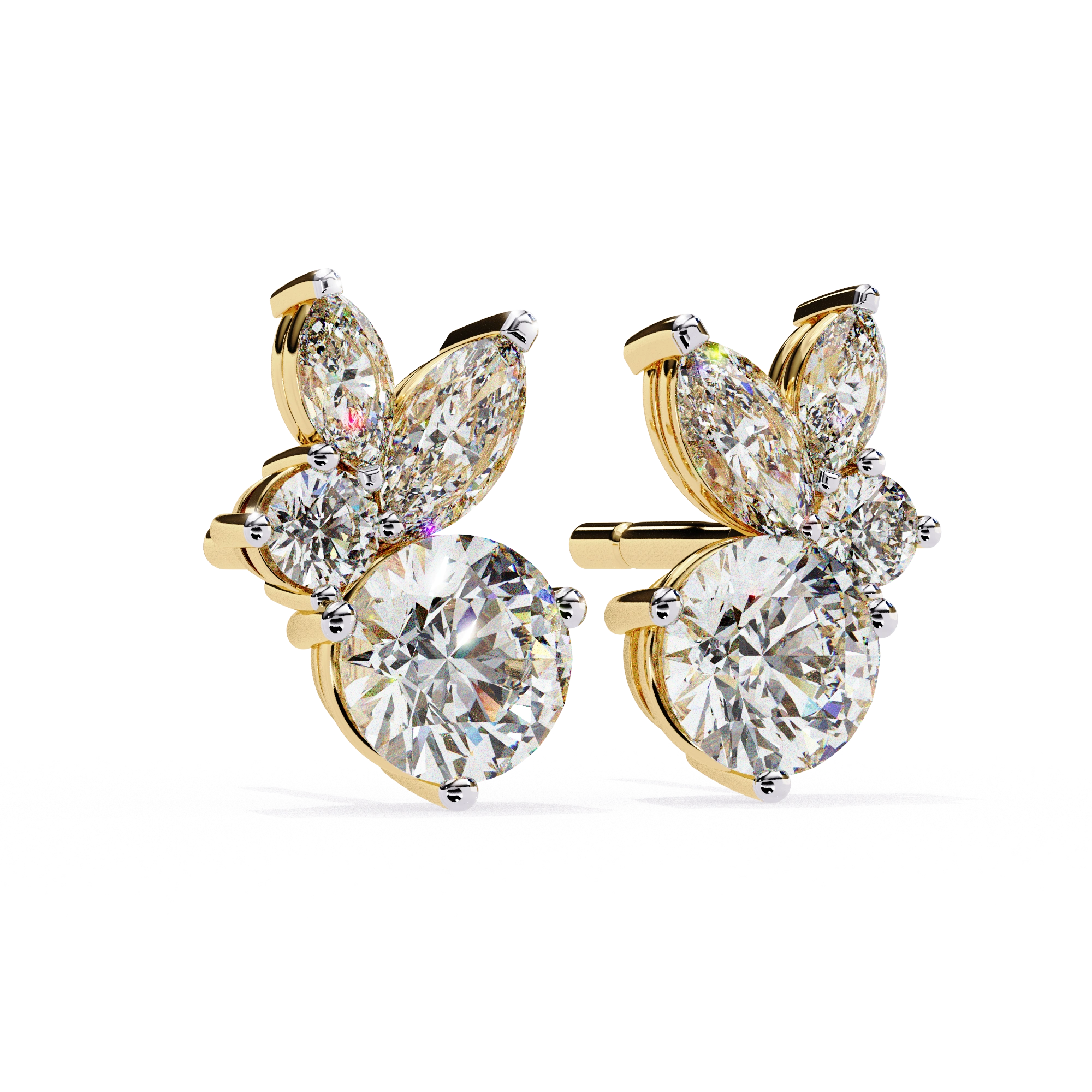 1.60 Carat Diamond Stud Earrings Leaf Cluster Floral Design 18K Yellow Gold Natural Diamond