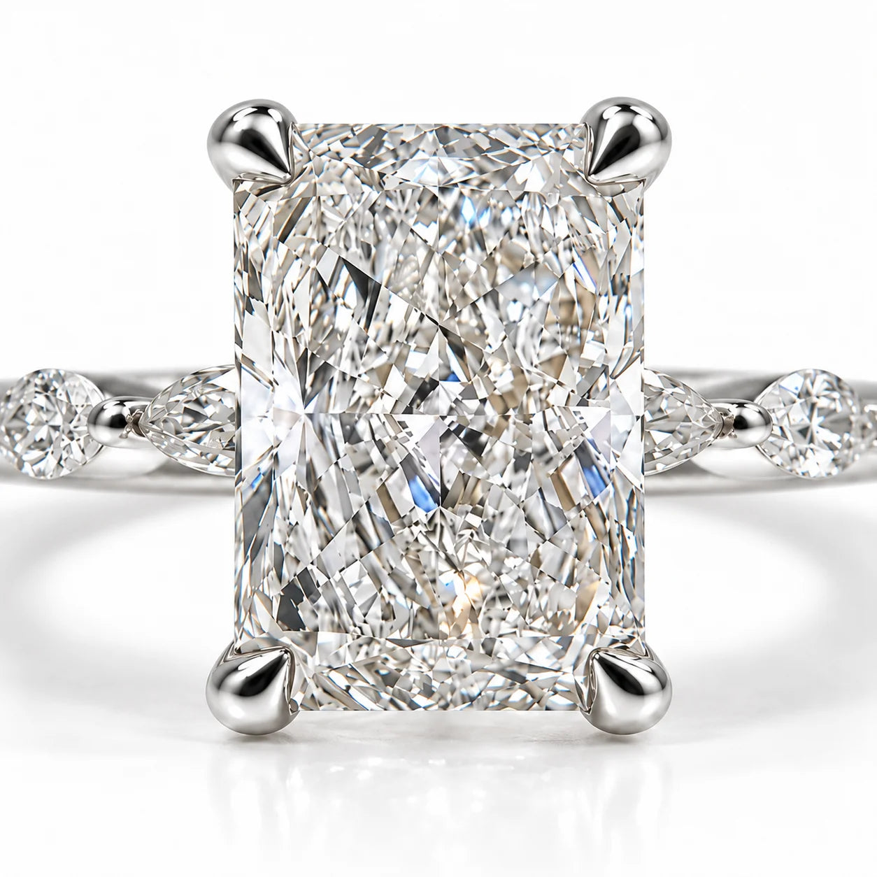Close up view of 2.50 Ct Radiant cut diamond ring with marquise side stones